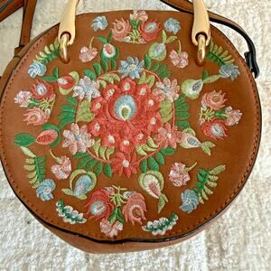Round Flower Embroidered Brown Crossbody Purse Handbag